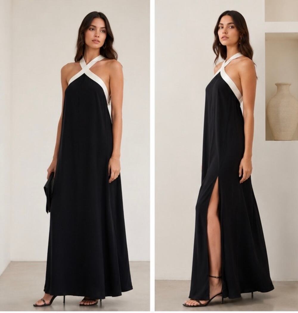 Lenny Niemeyer Cross Strap Maxi Dress Black & Ivory Color Block XS NWT Brazil